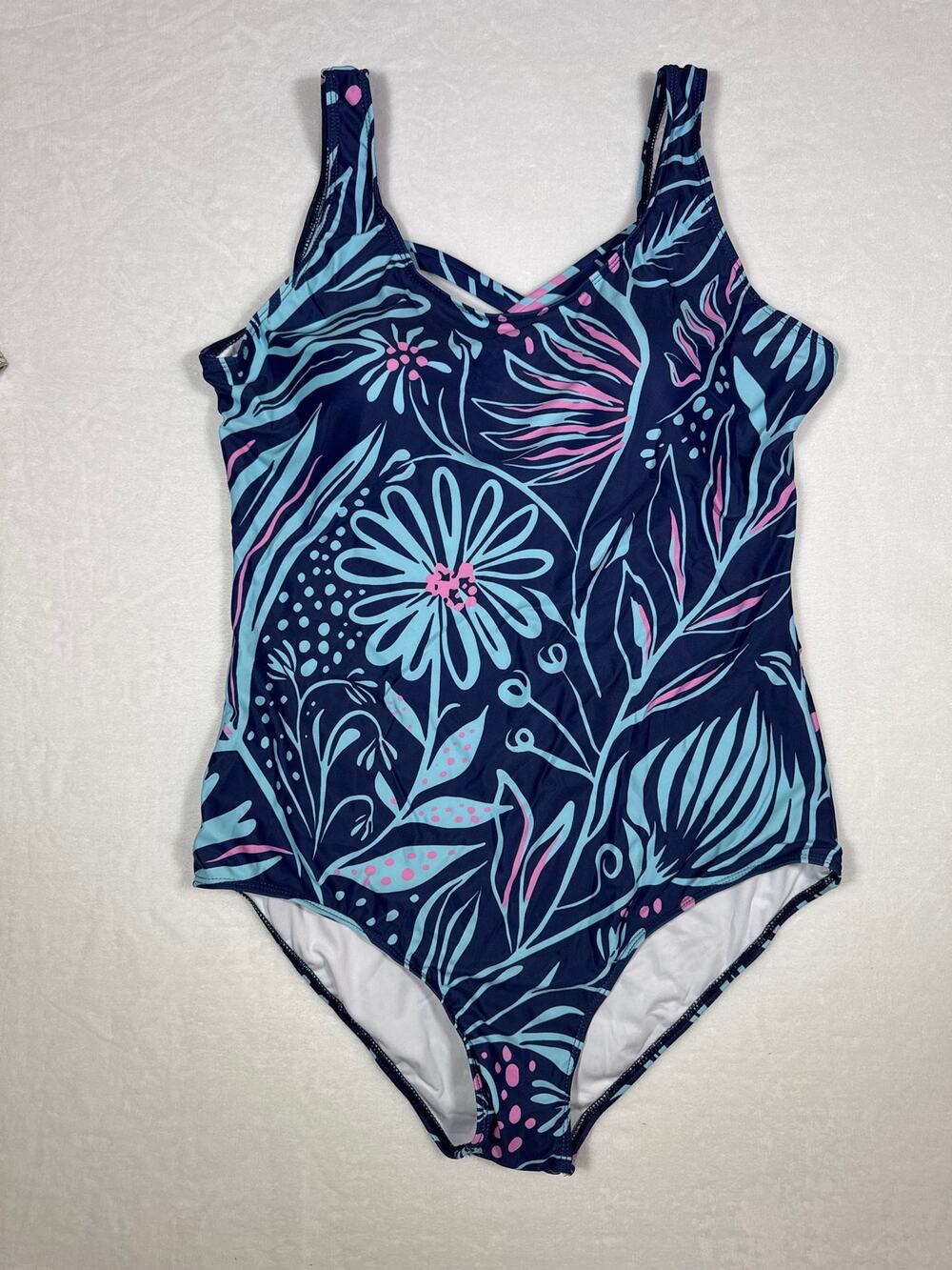 NWOT Blue & Pink Floral One Piece Swimsuit w/ Criss Cross Back Size XXL